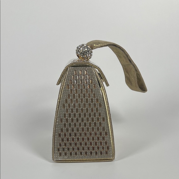 Verano Hill Crystal Pyramid Handbag – Gold Vegan Leather with Rhinestones Strap - Picture 2 of 4